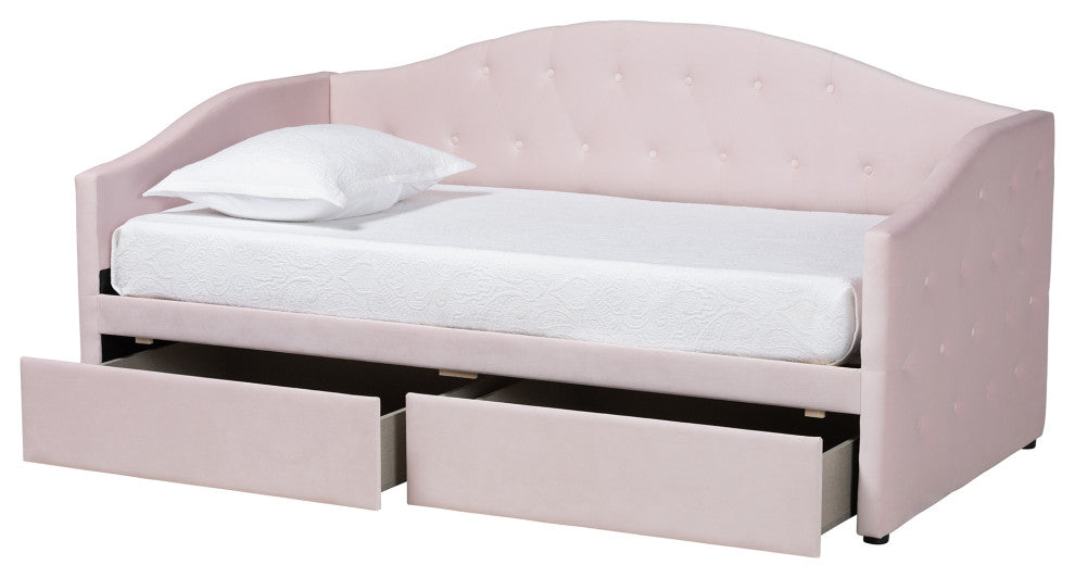 Mansi Modern Light Pink Velvet Fabric Upholstered Twin Size 2-Drawer Daybed