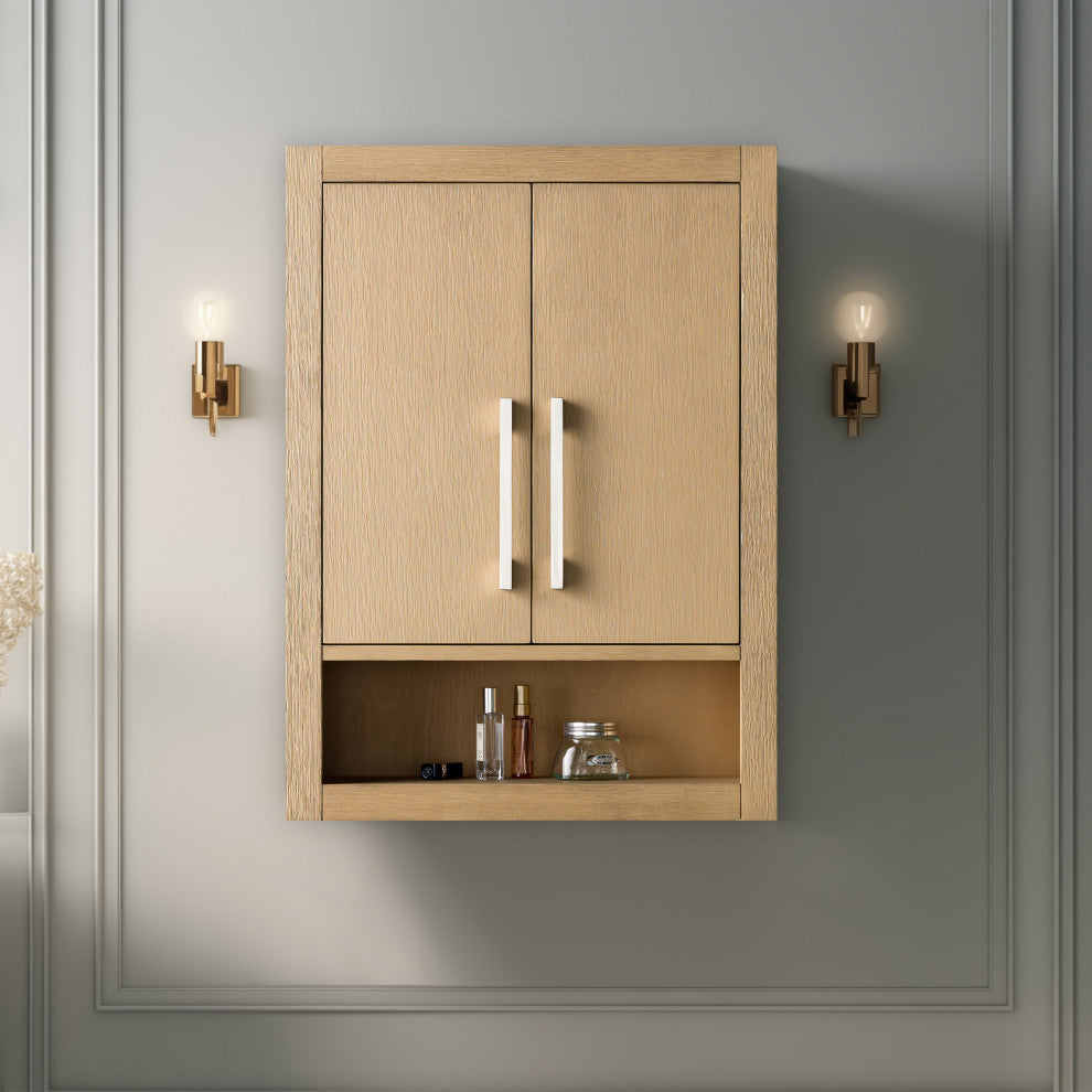 Vanity Art 24" Wall Mounted Bathroom Storage Cabinet, Natural Oak, Brushed Nickel Handle