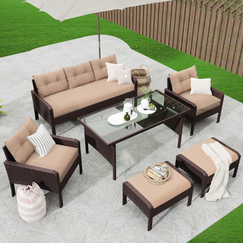6 Pieces Outdoor Rattan Patio Sectional Sofa Set With Dining Table, Coffee