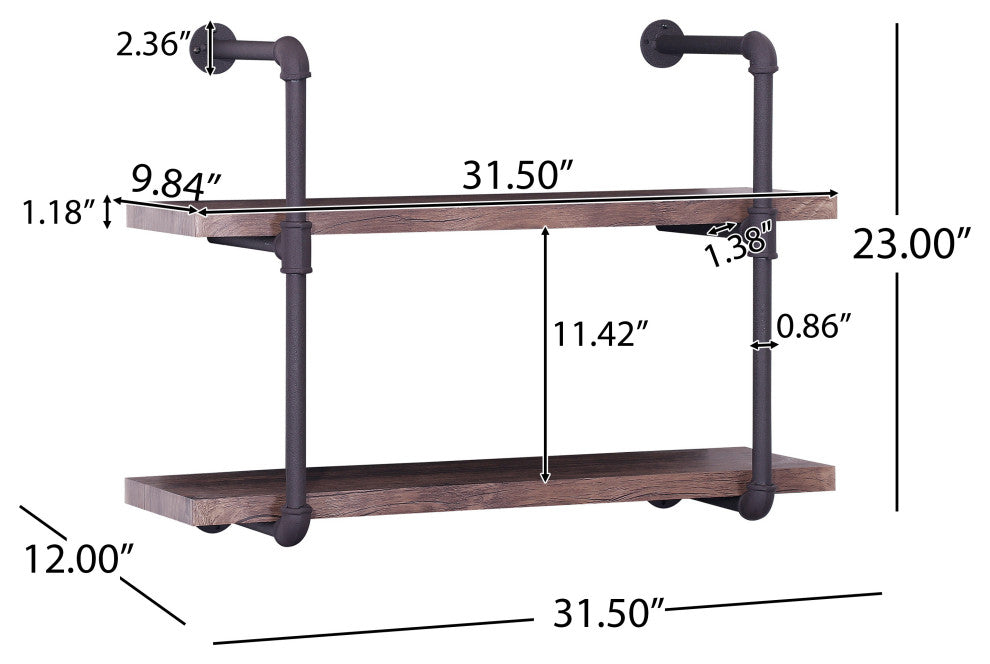 GDF Studio Caden Two Tier Faux Wood Wall-Mounted Shelf, Dark Brown/Texture Brown