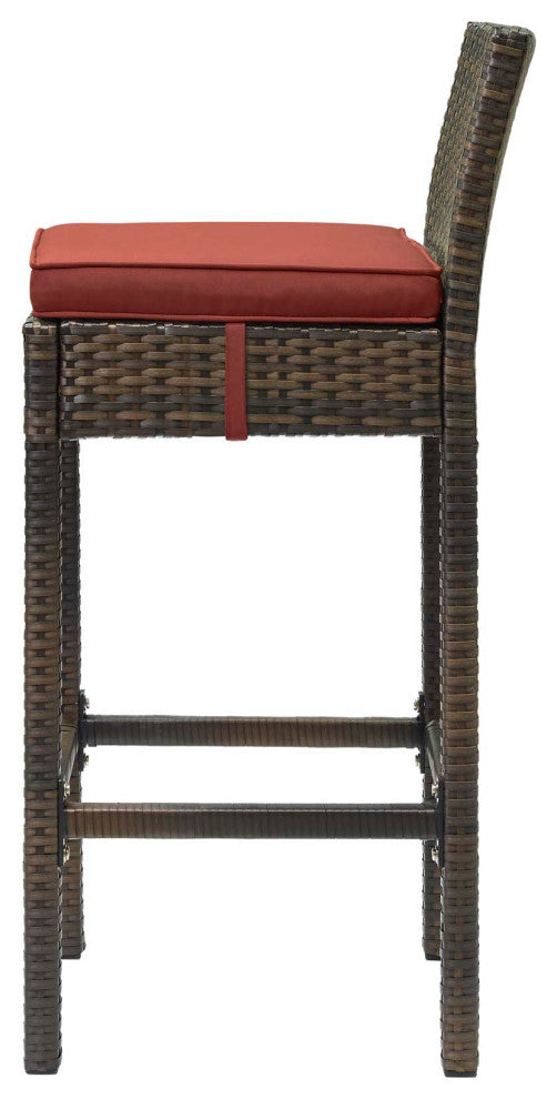 Modern Outdoor Patio Bar Stool Chair, Set of Four, Fabric Rattan, Brown Red