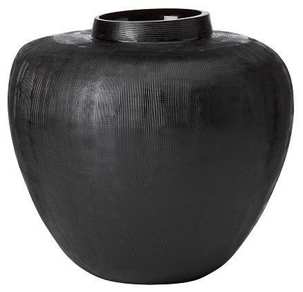 Donna Karan Lenox Artisan Glass, Black, Etched Linear  Round  Vase  8"