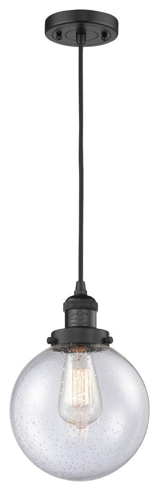 1-Light Beacon 8" Mini Pendant, Matte Black, Glass: Seedy