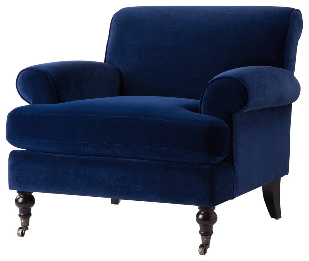 Alana 38" Lawson Accent Arm Chair, Metal Casters, Navy Blue Velvet
