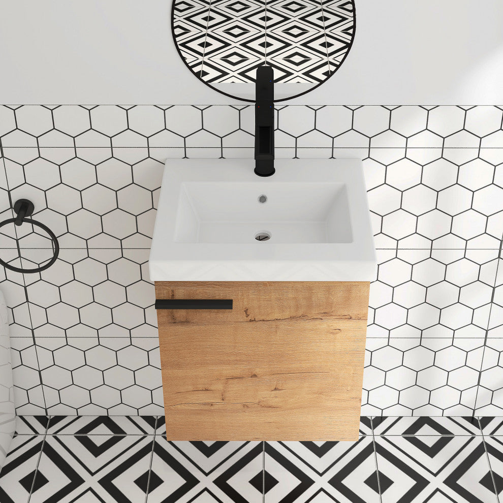 18 in. Wall-Mounted Small Bathroom Vanity With Ceramic Sink, Imitative Oak