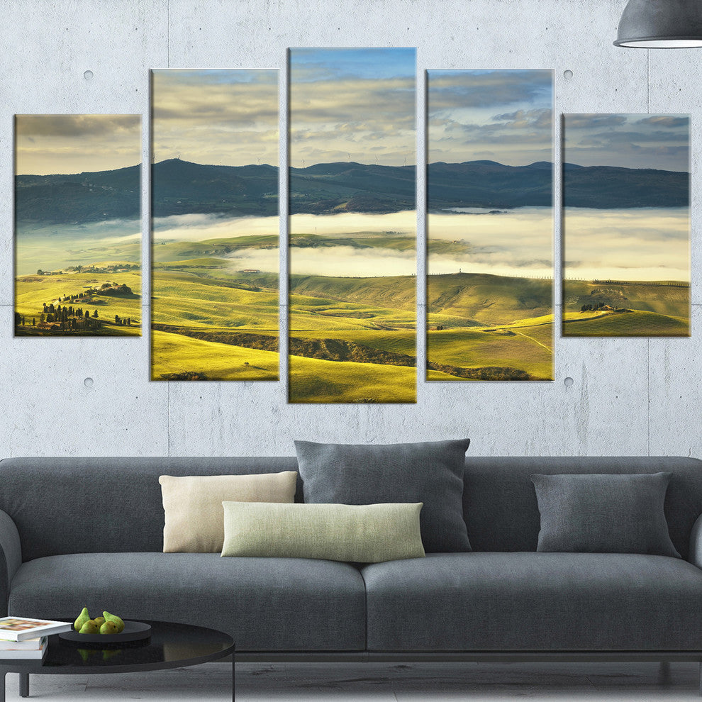 "Tuscany Farmland And Green Fields" Landscape Wall Art Print, 5 Panels, 60"x32"