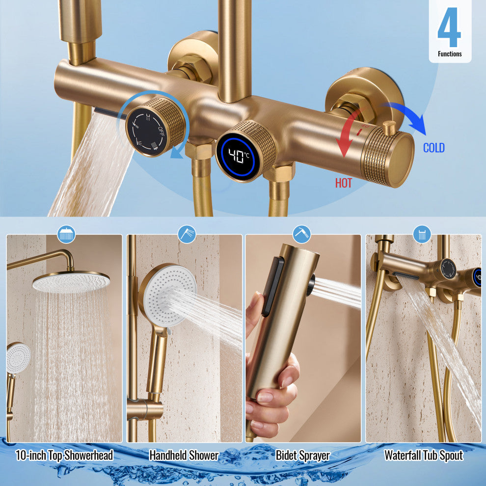 Exposed 4-Function Thermostatic Shower System with Spray Gun and Tub Spout, Brushed Gold