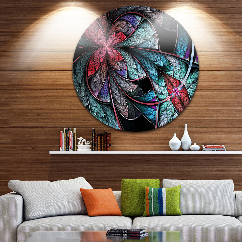 Turquoise And Red Fractal Flower Pattern, Floral Round Artwork, 36"