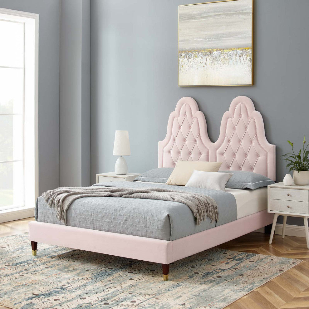 Tufted Platform Bed Frame, Queen Size, Velvet, Pink, Modern Contemporary