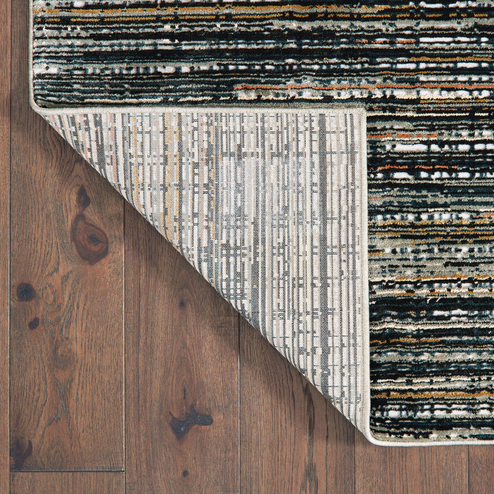 Brooks Hi-Low Textured Distressed Striped Black/Navy Area Rug, 2'3"x7'6"