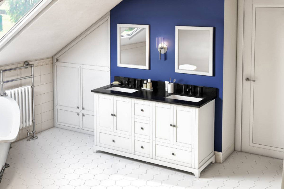 Addington Modern 60" White Double Sink Vanity, Black Granite Vanity Top