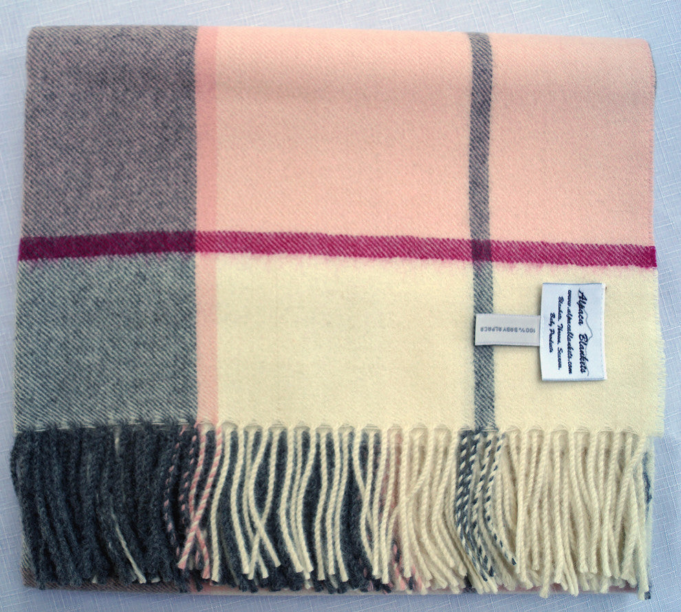 Baby Alpaca Horizon Throw Blanket, Ecru Gray Fuchsia