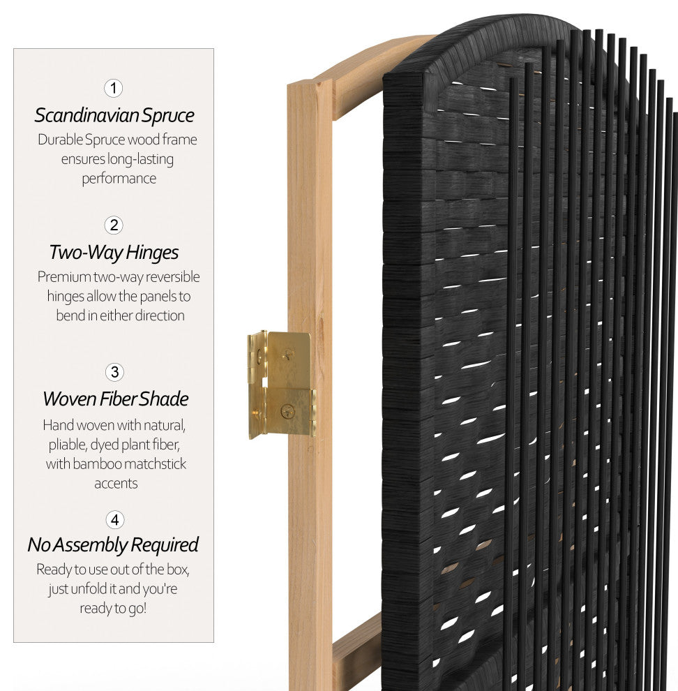 6'' Tall Diamond Weave Fiber Room Divider, Black, 3 Panel
