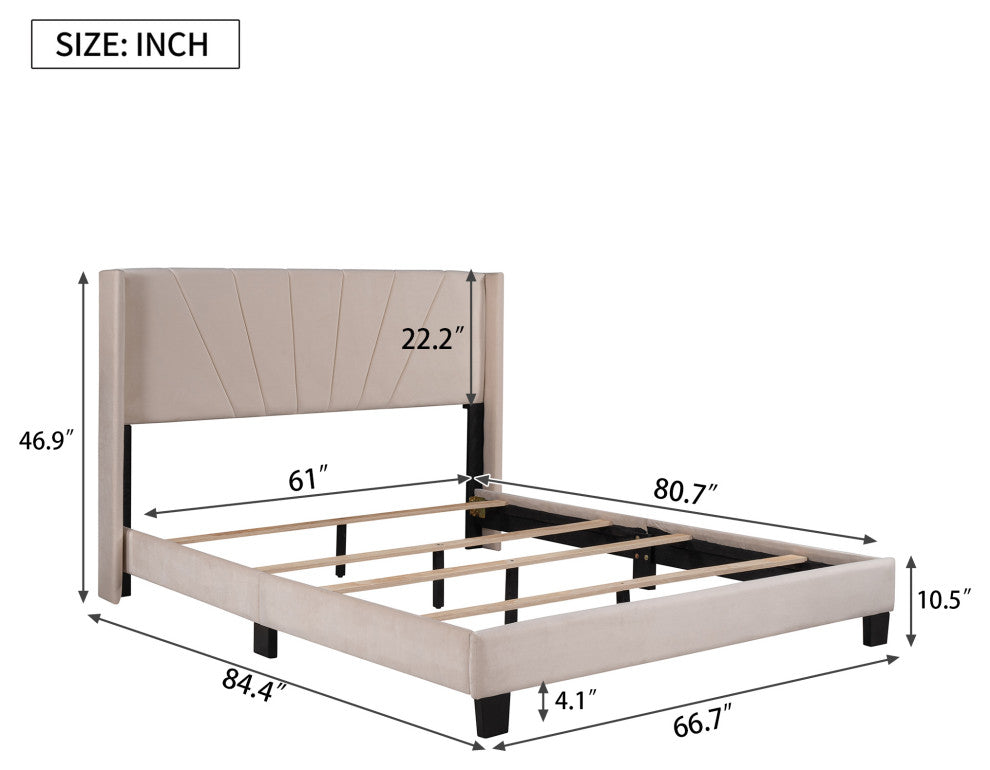 Gewnee Queen Size Velvet Upholstered Platform Bed in Beige