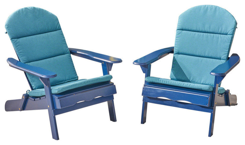 Outdoor Acacia Wood Folding Adirondack Chairs With Cushions, Set of 2, Navy Blue/Dark Teal