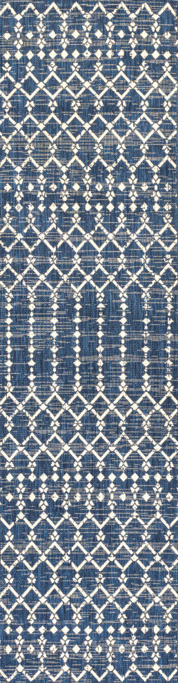 Ourika Moroccan Geometric Indoor/Outdoor Rug, Navy/Beige, 2x10