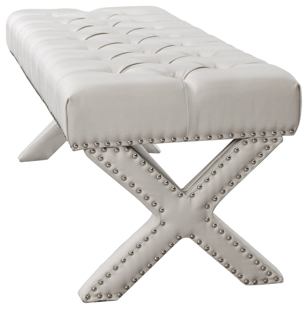 Diana Linen Button Tufted Silver Nailhead Trim X-Leg Bench, Cream White