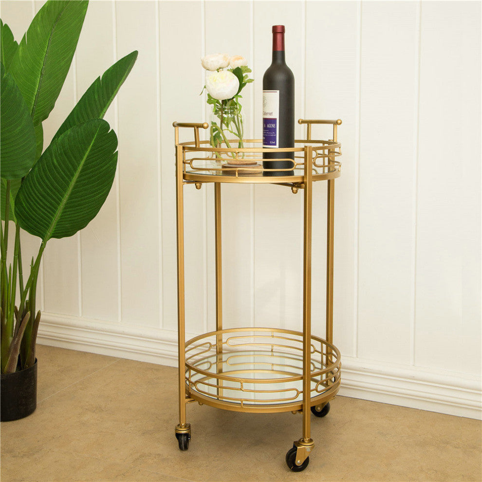 27.00"H Deluxe Metal Mirrored Bar Cart, Golden, Round