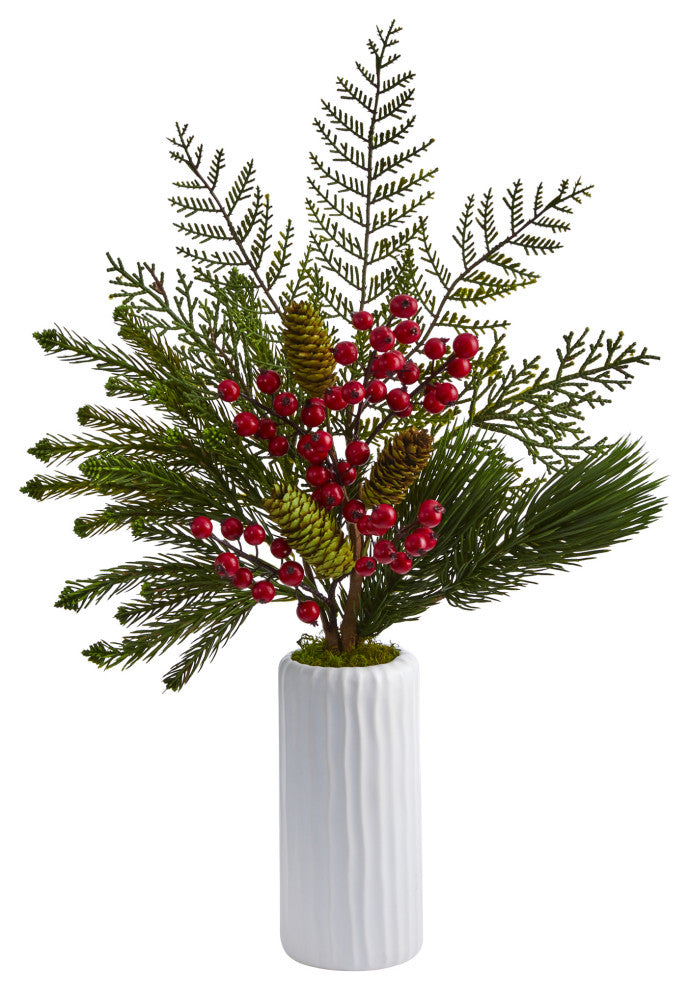 23" Mixed Pine, Pinecone and Berry Artificial Arrangement, White Vase