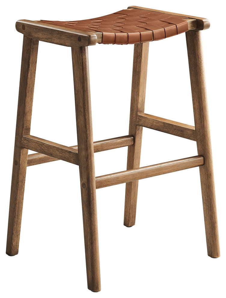 Saoirse Faux Leather Wood Bar Stool, Set of 2, Walnut Brown