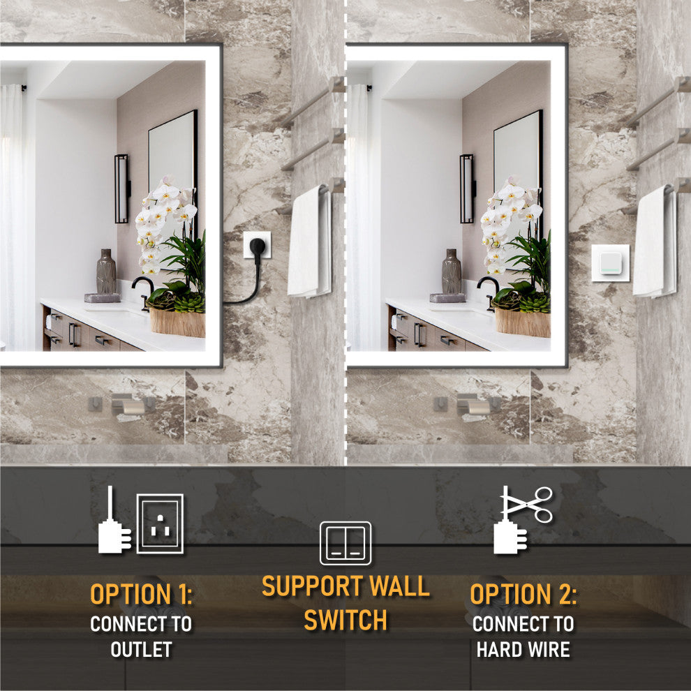 Framed LED Mirror, Dimmer, Defogger, Color Temperature, Matte Black, 72"x36"