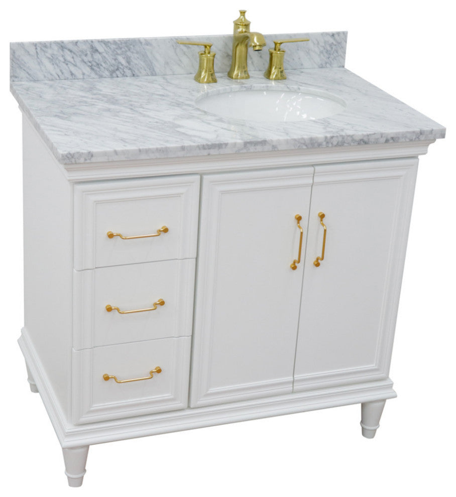 37" Single Vanity, White Finish With White Carrara
