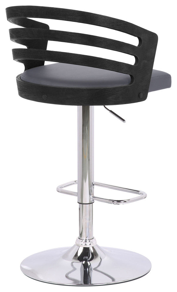 Gray Faux Leather Black Wood and Chrome Adjustable Swivel Bar Stool