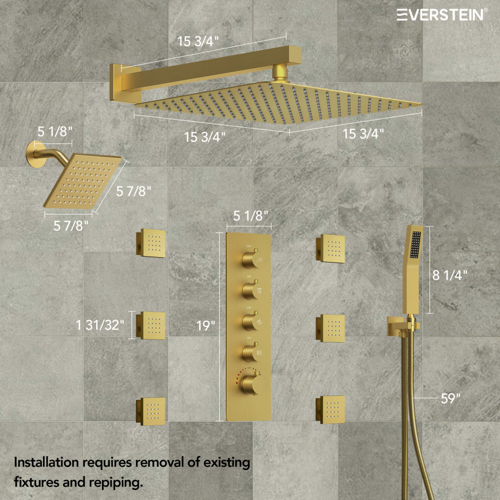 Dual Heads 16" Thermostatic Shower System With Hand Shower, Brushed Gold