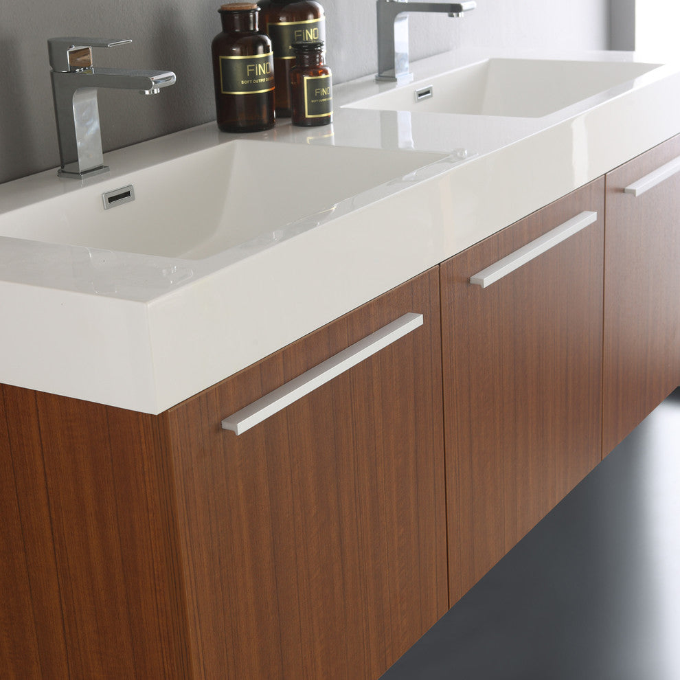 Vista 60" Teak Wall Hung Double Sink Modern Bathroom Vanity, FFT3071CH