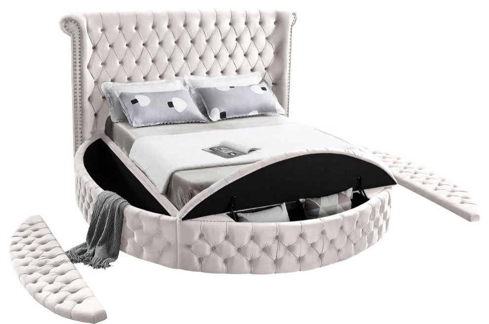 Luxus Button Tufted Velvet Round Bed, Cream, Queen