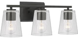 Vertex Collection Three-Light Matte Black Clear Glass Contemporary Bath Light