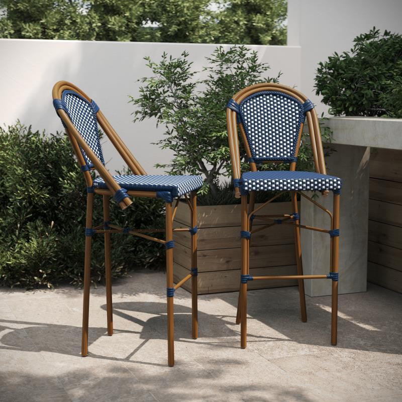 Set of 2 Stackable Indoor/Outdoor French Bistro 30" High Bar Stools, Navy & White/Natural Frame