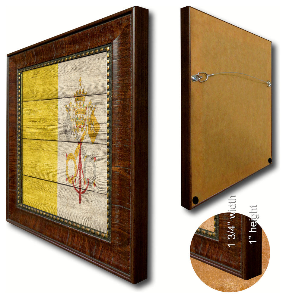 Vatican City Country Textured Flag Print With Brown Gold Frame, 15"X21"
