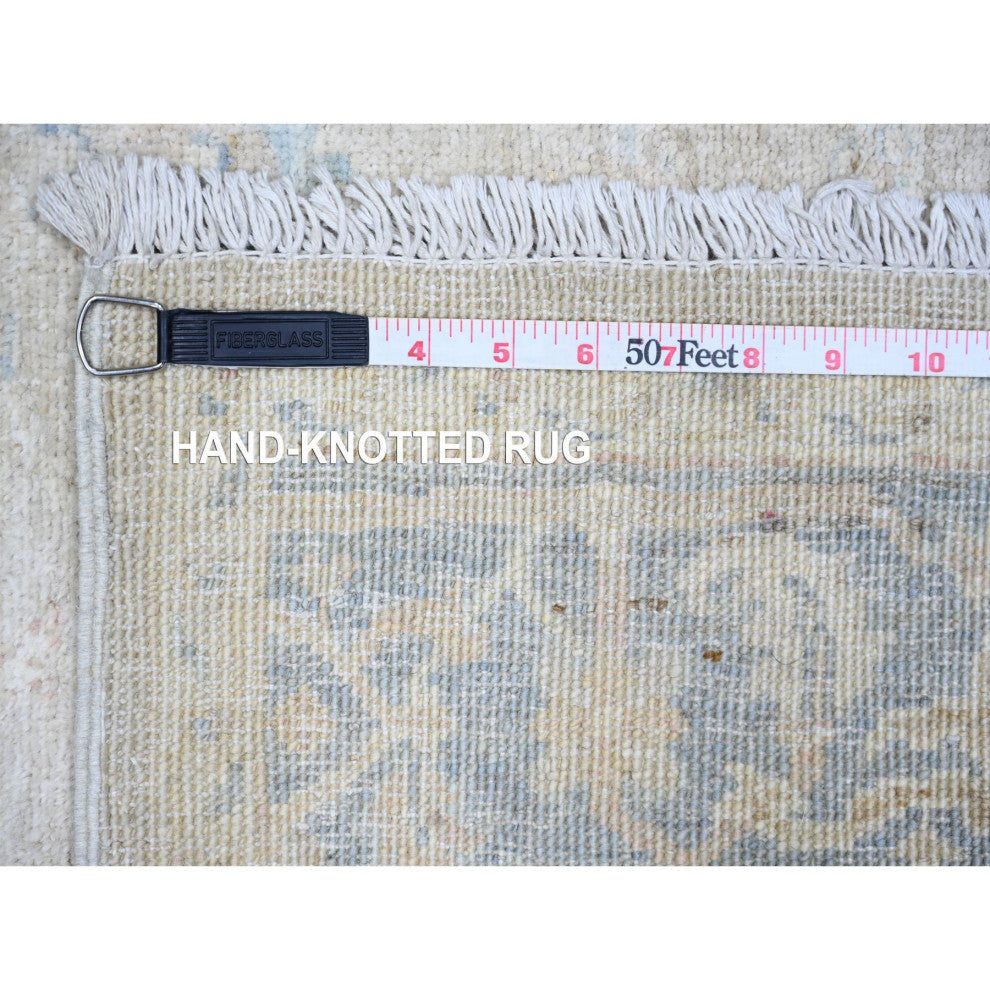Gray Shiny Wool Hand Knotted White Wash Peshawar Oriental Rug, 3'9"x5'11"