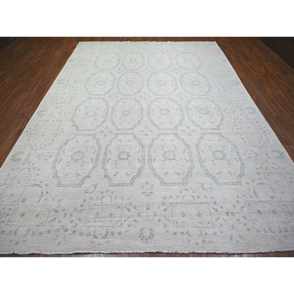 Ash Gray, Stone Washed Peshawar Wool Hand Knotted Oriental Rug, 9'x11'8"