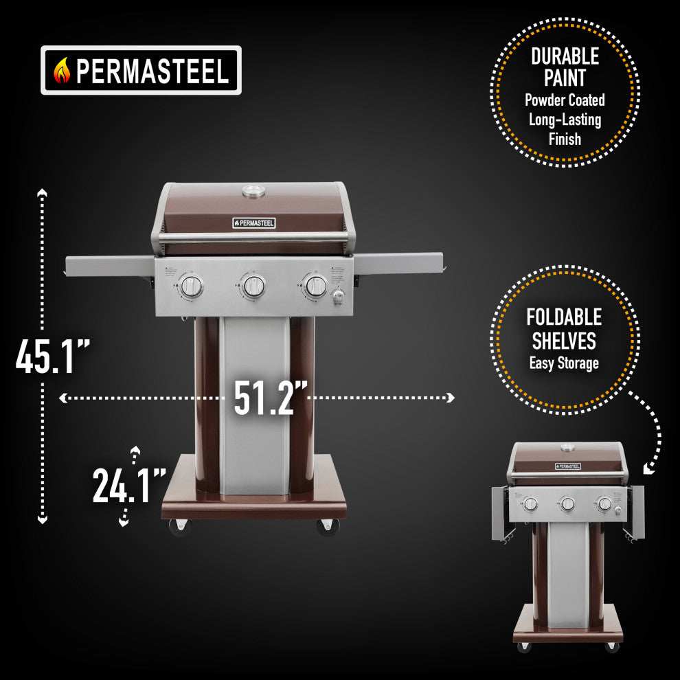 Permasteel 3 Burner Propane Gas Grill with Folding Side Shelves, Copper