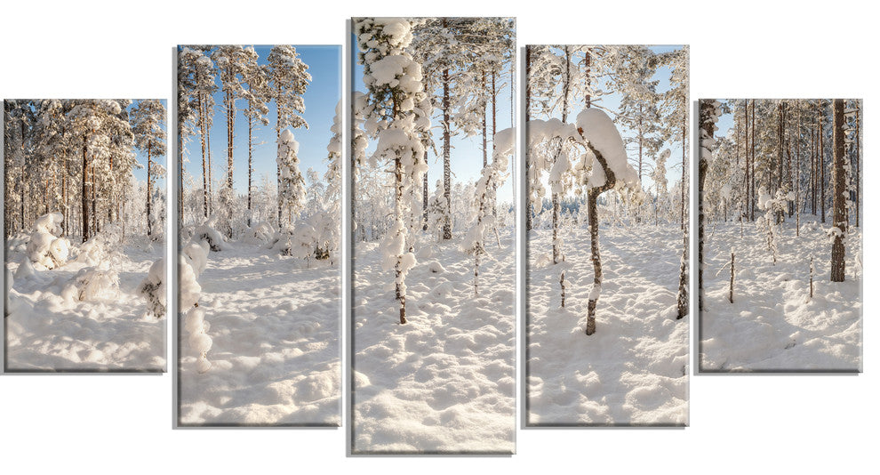 Winter Snow Covered Wood, Landscape Canvas Art Print, 60"x32", 5 Panels