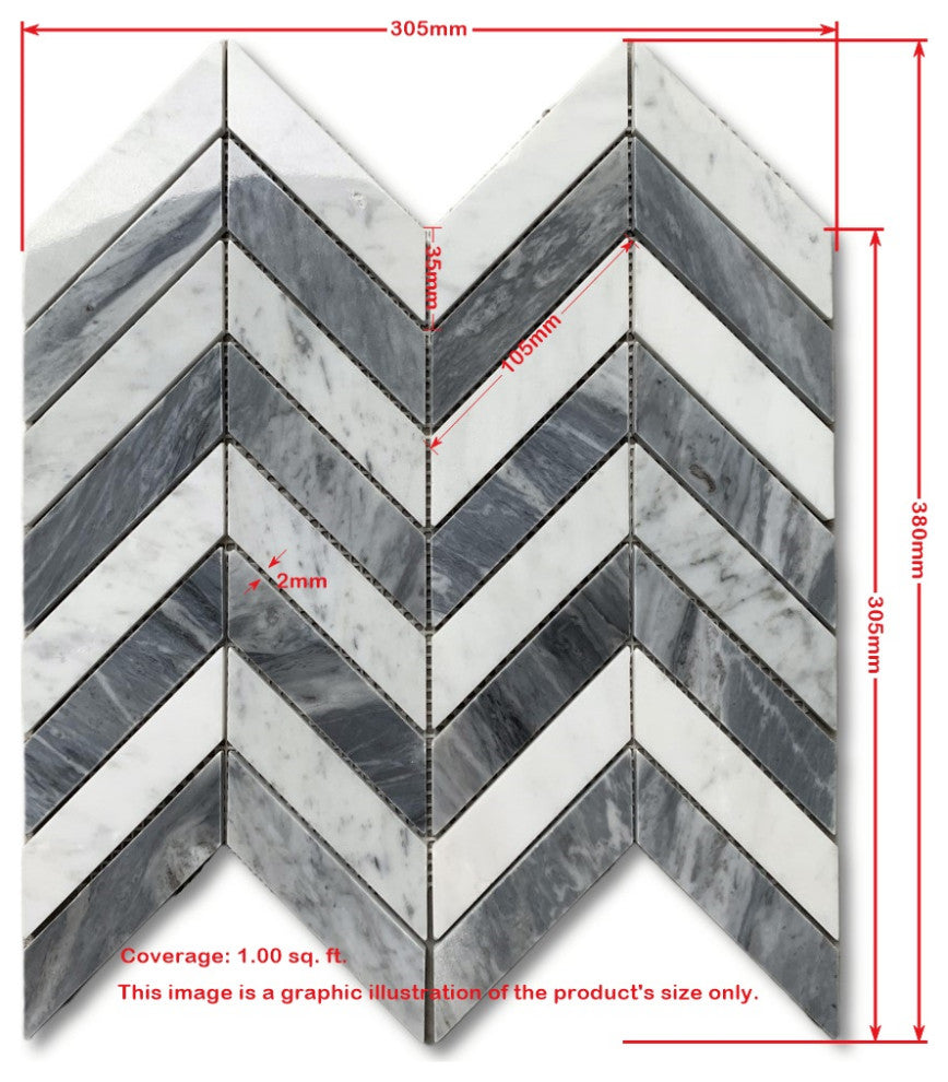 Carrara White & Nero Marquina Marble 1x4 Chevron Mosaic Tile Polished, 1 sheet