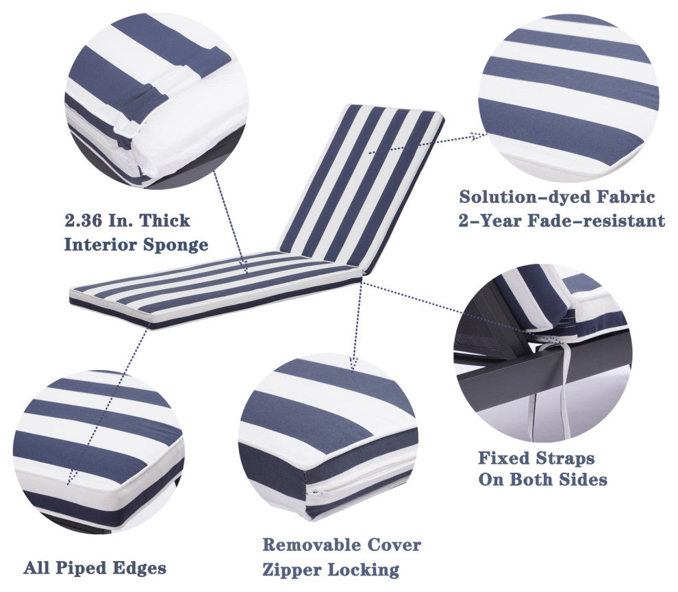 Outdoor Chaise Lounge Chair Set With Cushions, Set of 2, Blue White