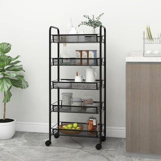 vidaXL 5-Tier Kitchen Trolley Storage Utility Cart with Mesh Baskets Black Iron