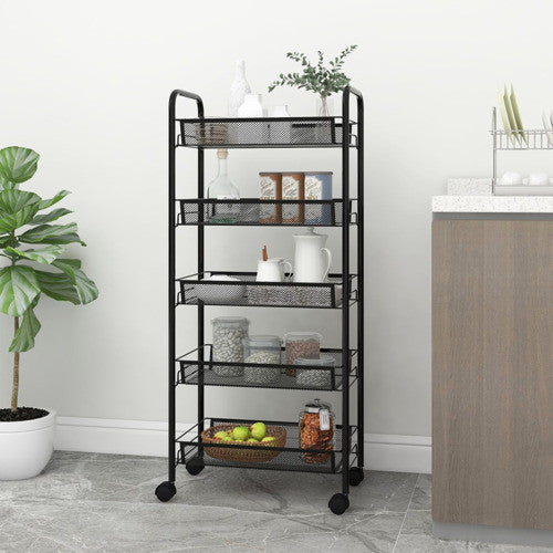 vidaXL 5-Tier Kitchen Trolley Storage Utility Cart with Mesh Baskets Black Iron