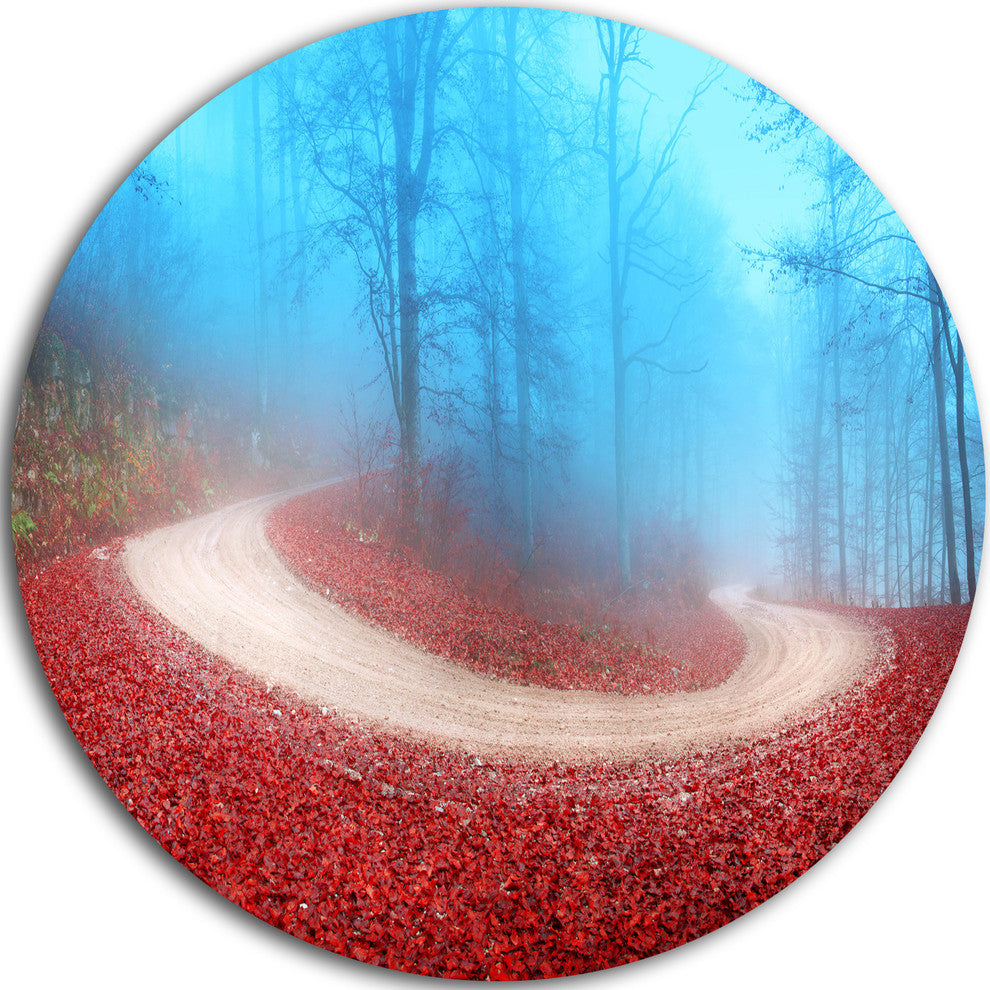 Curved Road In Autumn Forest, Landscape Photo Round Wall Art, 23"