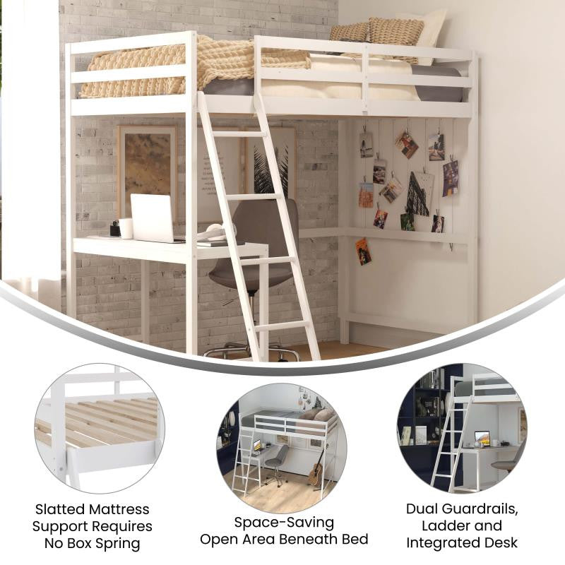 Riley Loft Bed Frame with Desk, Frame, Guard Rails & Ladder for Kids and Teens, White, Twin