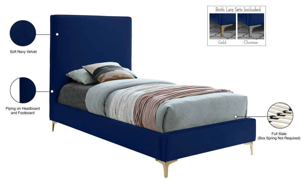 Geri Velvet Upholstered Bed, Navy, Twin