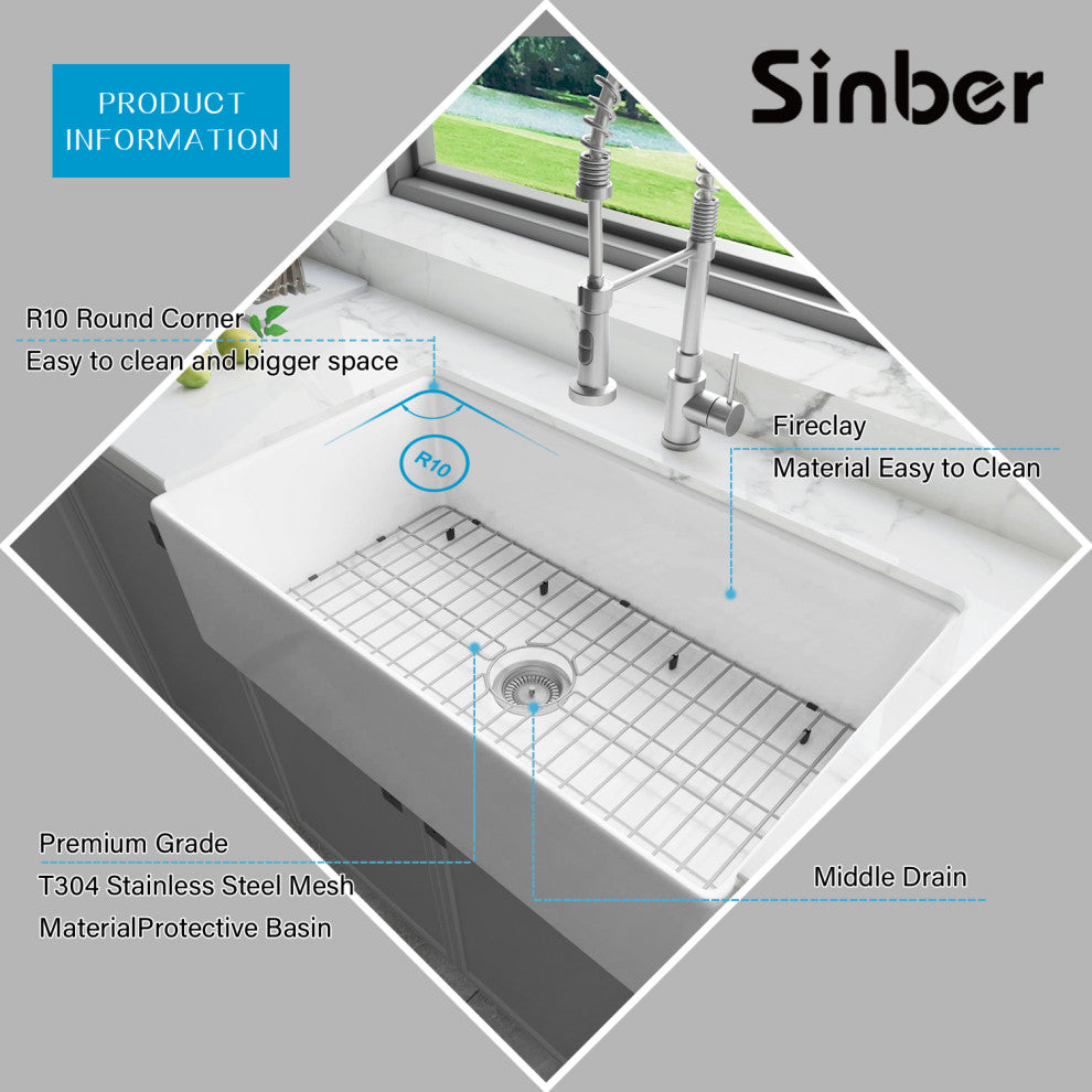 Sinber Farmhouse Apron Single Bowl Kitchen Sink with Fireclay 2 Accessories, White, 36" X 20"