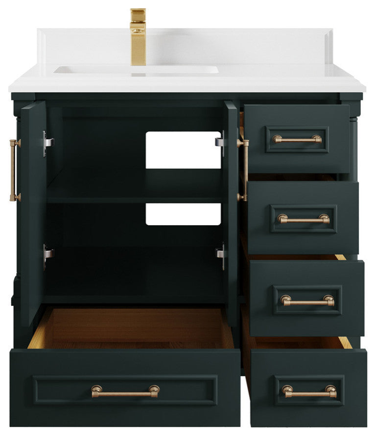 Aberdeen 36 Left Offset Bath Vanity in Dark Forest Green 1.5" White Quartz