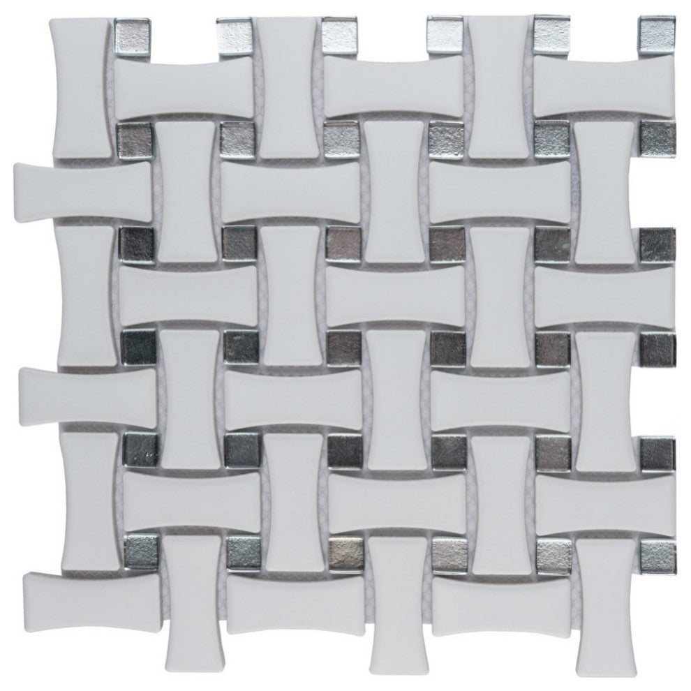 Metro Dog Bone Basketweave With Glass Gold Dot Porcelain Mosaic Wall Tile Sample