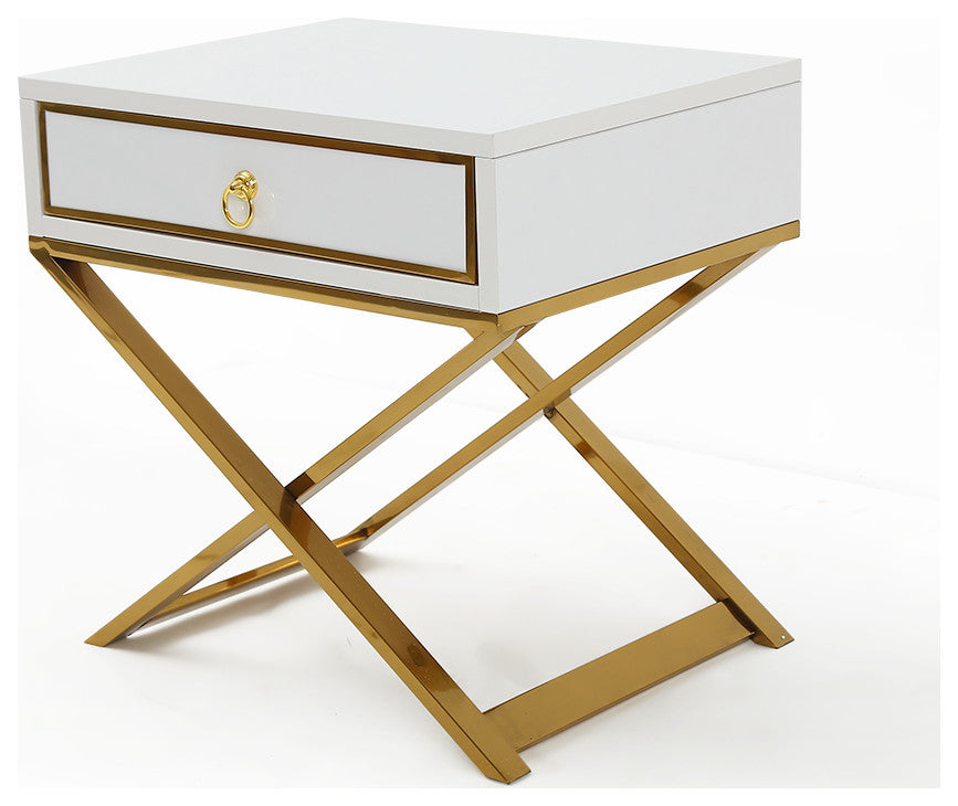 White Nightstand with Drawer Bedside Table with X-Shaped Stainless Steel Base, White