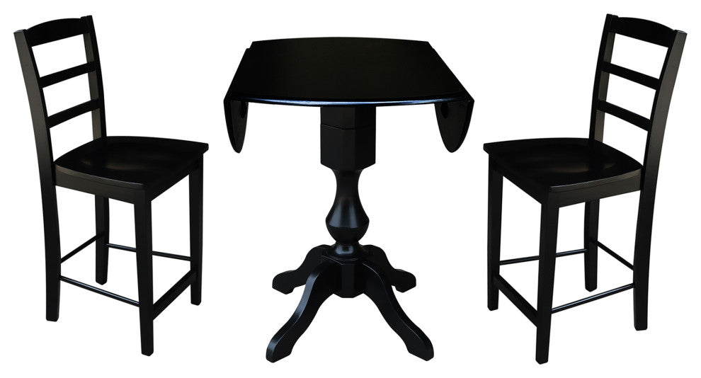 42" Round Pedestal Gathering Height Table with 2 Counter Height Stools, Black