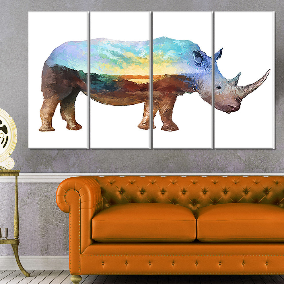 Rhino Double Exposure Illustration, Large Animal Canvas Print, 48"x28", 4 Panels